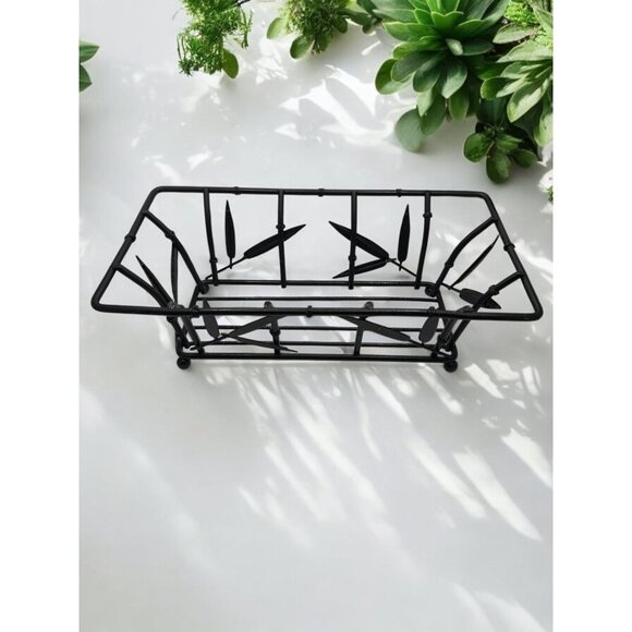 Black Metal Wire Rectangular Basket With Bamboo Design For Home Decor Or Storage - Picture 4 of 7